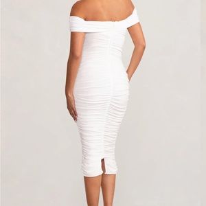 WHITE MATERNITY BARDOT KNOT RUCHED MIDI DRESS